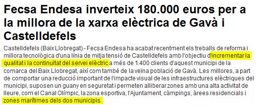Noticia publicada en www.3cat24.cat sobre las mejoras de Fecsa-Endesa en la red eléctrica de Castelldefels playa y Gavà Mar (2 de Abril de 2008)
